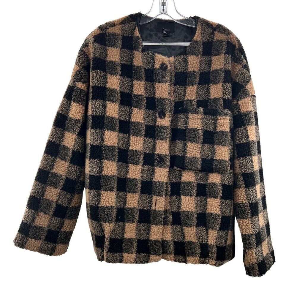 Lumiere Womens Checkered Coat Button Up Long Sleeve Tan/Black Sz Medium Pockets